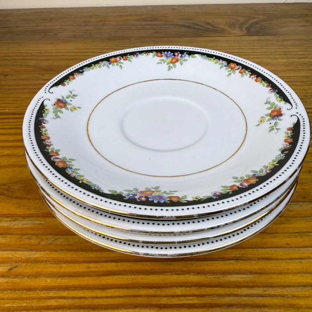 Set of 4 Lynn’s Fine China Saucers – Floral Black & Gold Trim, 6.25” - Picture 8 of 13